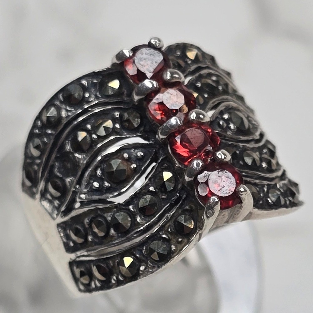 Vintage 925 Silver Art Deco Garnet & Marcasite Wide Band Statement Ring Size 7